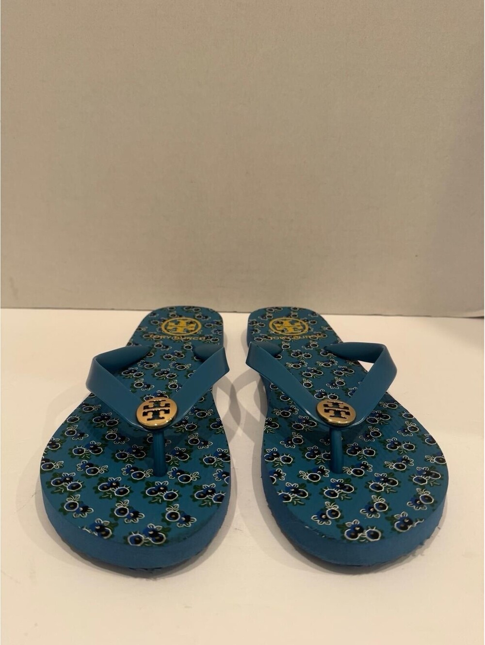 Tory Burch Teal Blue “Blueberry Floral” Flip Flops — Gold‑Tone Logo Medallion